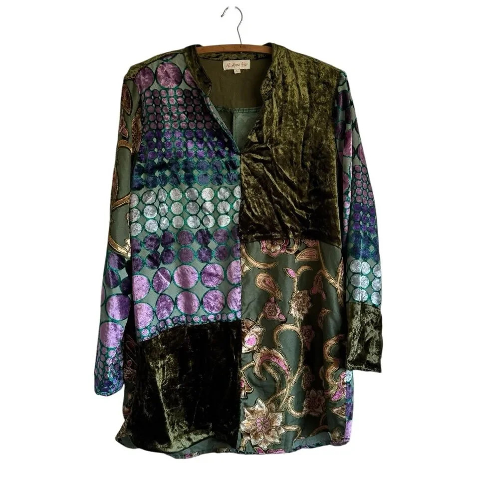 🩵All About Her Burned  Out Velvet  Tunic Patchwork Artsy Velvet Boho Size Large